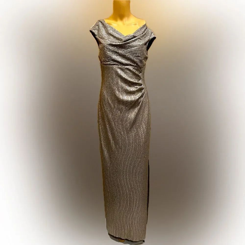 Connected Apparel silver cowl neck long gown SZ 6